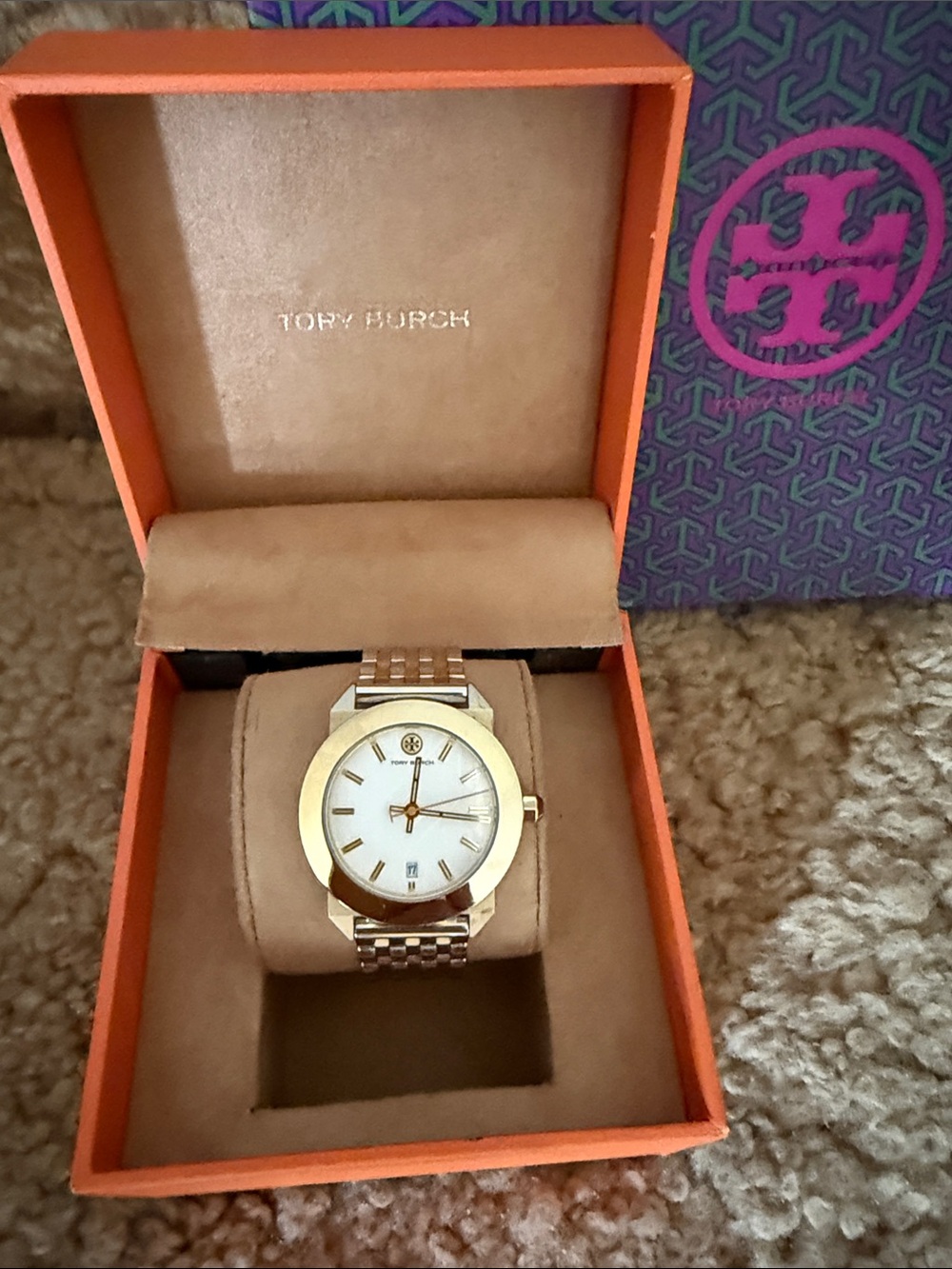Tory Burch Gold and White Stainless Bracelet Watch
